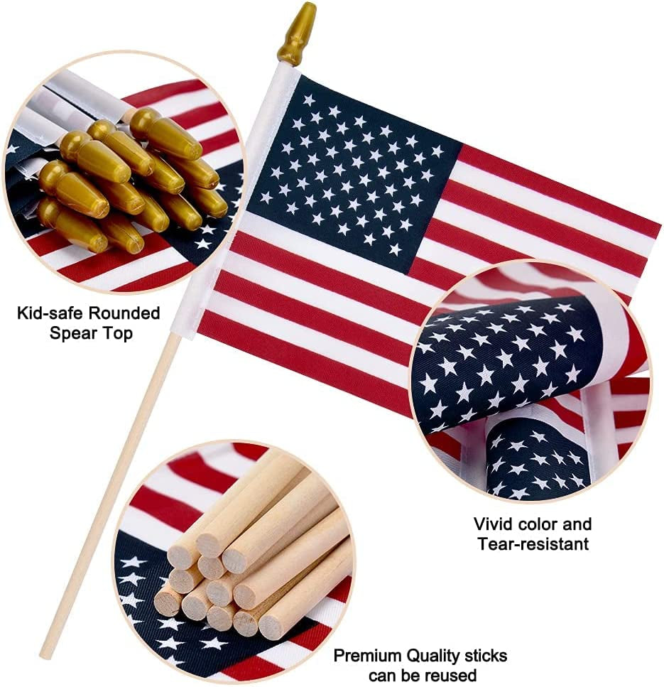 12 Pack Small American Flags on Stick Small US Flags/Mini American Flags for outside 8X12 Inch American Hand Held Stick Flags with Kid-Safe Spear Top, 4Th of July Decorations