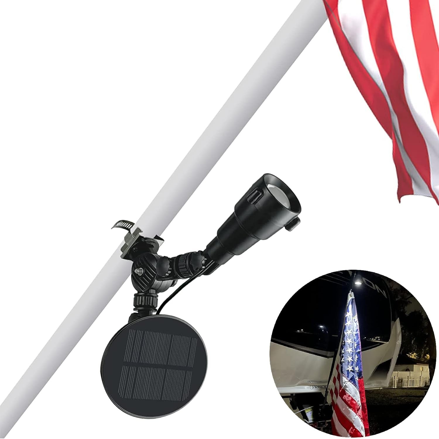 Solar Flag Pole Light, Flagpole Light Solar Powered, Super Bright PC Crystal LED Spotlight, Adjustable Bracket & Metal Clamp Fits 1-1.5" Flagpole, up to 8-12 Hrs, Black