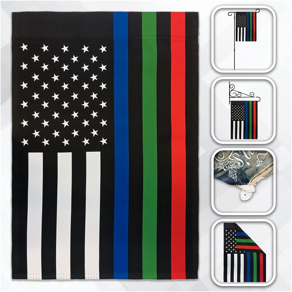 Thin Blue Red Green Line USA Garden Flag - 12X18 Double Sided Garden Flag for Porch, Yard, Garden, Home, Holiday Decor