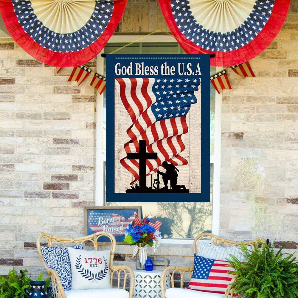 Baccessor God Bless America 4Th of July Double Sided Burlap Flag, 28 X 40 Inches, Premium Fabric & Weather Resistant, Holiday Decoration