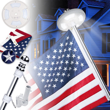 Delux American Flag with Pole and Solar Light Kit, 6 FT No Tangle Metal Pole with Holder, 128 LED Solar Powered Light, Embroidered Flag 3X5 FT, Set for 10 Hours Use for Night House Outdoor(Silver)