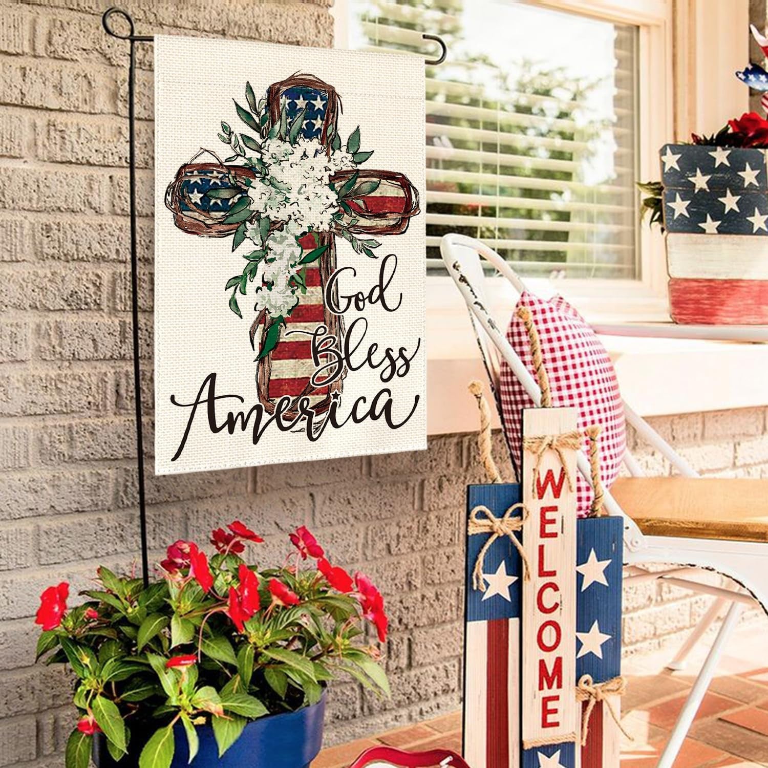 AVOIN Colorlife God Bless America Stars and Stripes House Flag 28X40 Inch Double Sided, Memorial Day 4Th of July Patriotic Lily Cross Yard Outdoor Decoration
