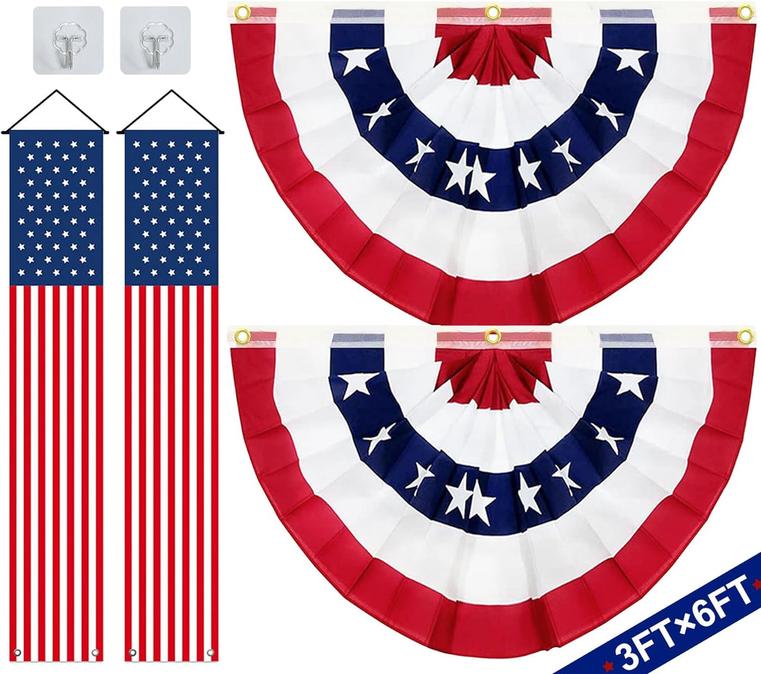 4 Pcs 4Th of July Decor Set, 2 Large 3X6 Ft American Pleated Fan Flag Bunting, 2 USA Flag 71X12" Hanging Porch Banner for Front Door Home Outdoor Patriotic Independence Day Memorial Day Party Supplies