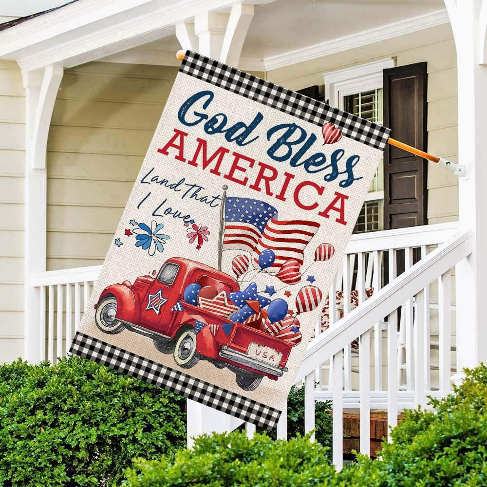 4Th of July Flags 3X5 Ft for Outside, Patriotic American Truck with Flags Buffalo Plaid Double Sided Big Large Yard Flags,Seasonal Banners Decorations with Brass Grommets for Outdoor Farmhouse Holiday