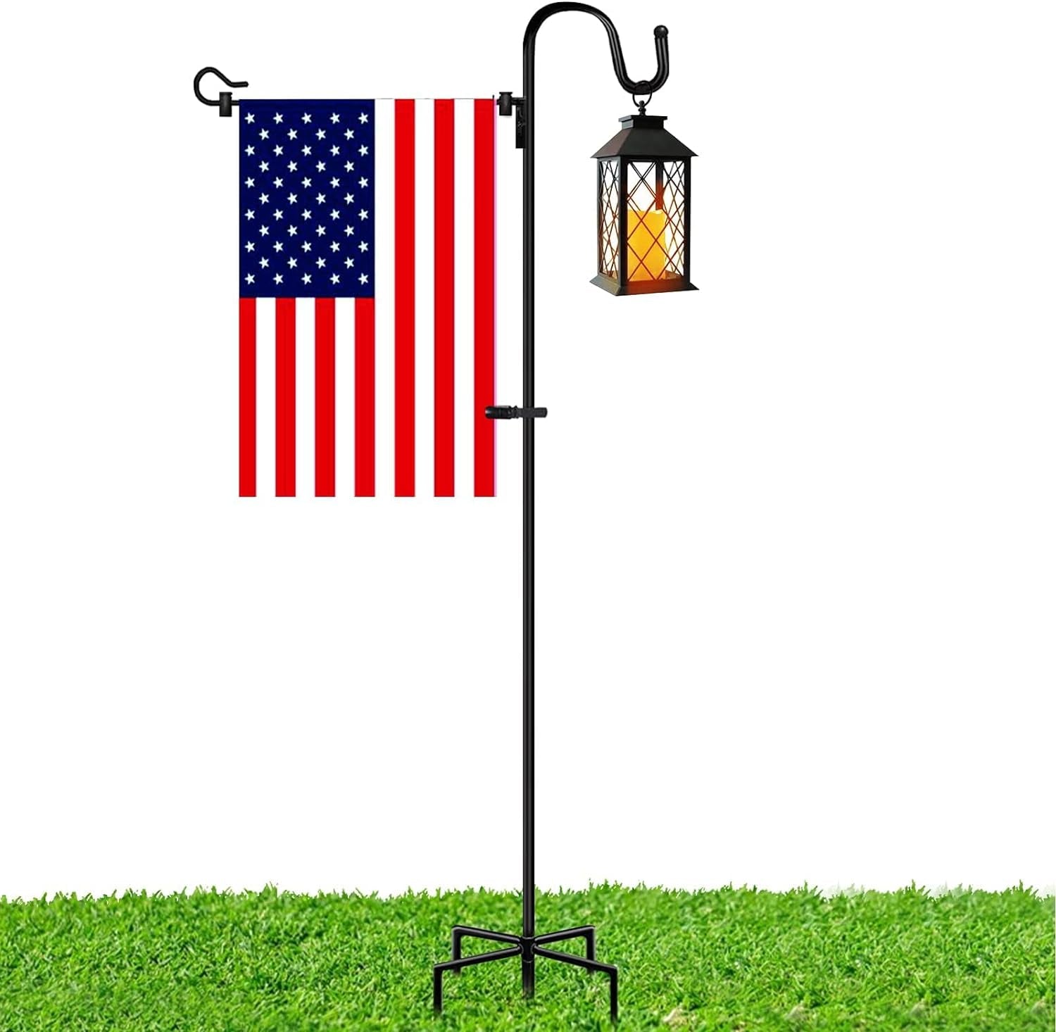 Garden Flag Stand Adjustable Heavy Duty Flag Pole Holder with American Flag 65Inch Shepherds Hook for Hanging Flag Bird Feeder Solar Lights Plant Hanger Etc Outdoor Garden Yard Flag Pole Kit (1 PCS)