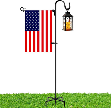 Garden Flag Stand Adjustable Heavy Duty Flag Pole Holder with American Flag 65Inch Shepherds Hook for Hanging Flag Bird Feeder Solar Lights Plant Hanger Etc Outdoor Garden Yard Flag Pole Kit (1 PCS)