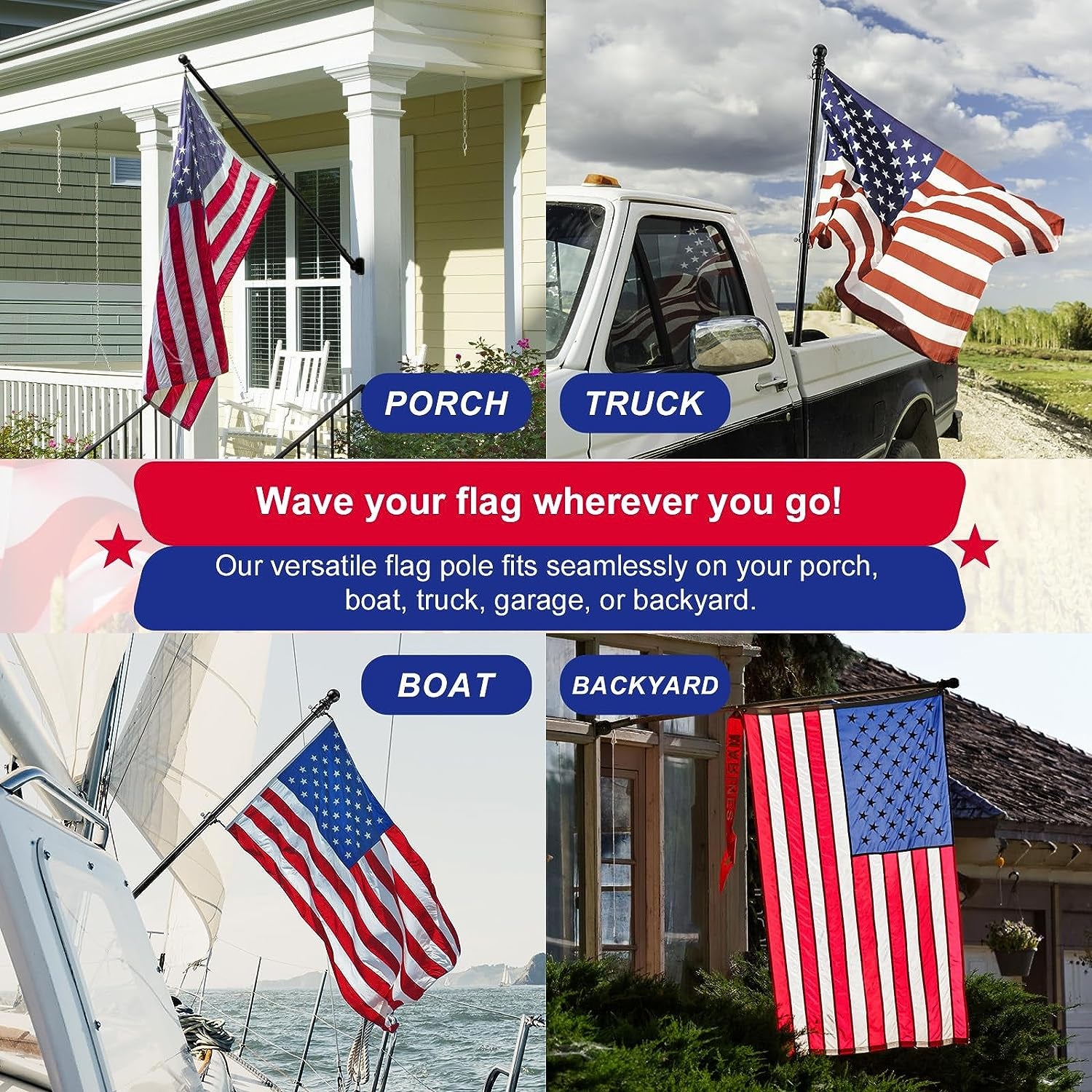 Flag Pole for Kit (2 Packs), 6FT Black Tangle Free Porch Metal Aluminum Flagpole with Upgraded Bracket for 3X5 American Flag, Black Adjustable Outdoor Flag Poles for Porch, Outside, Truck,Garden