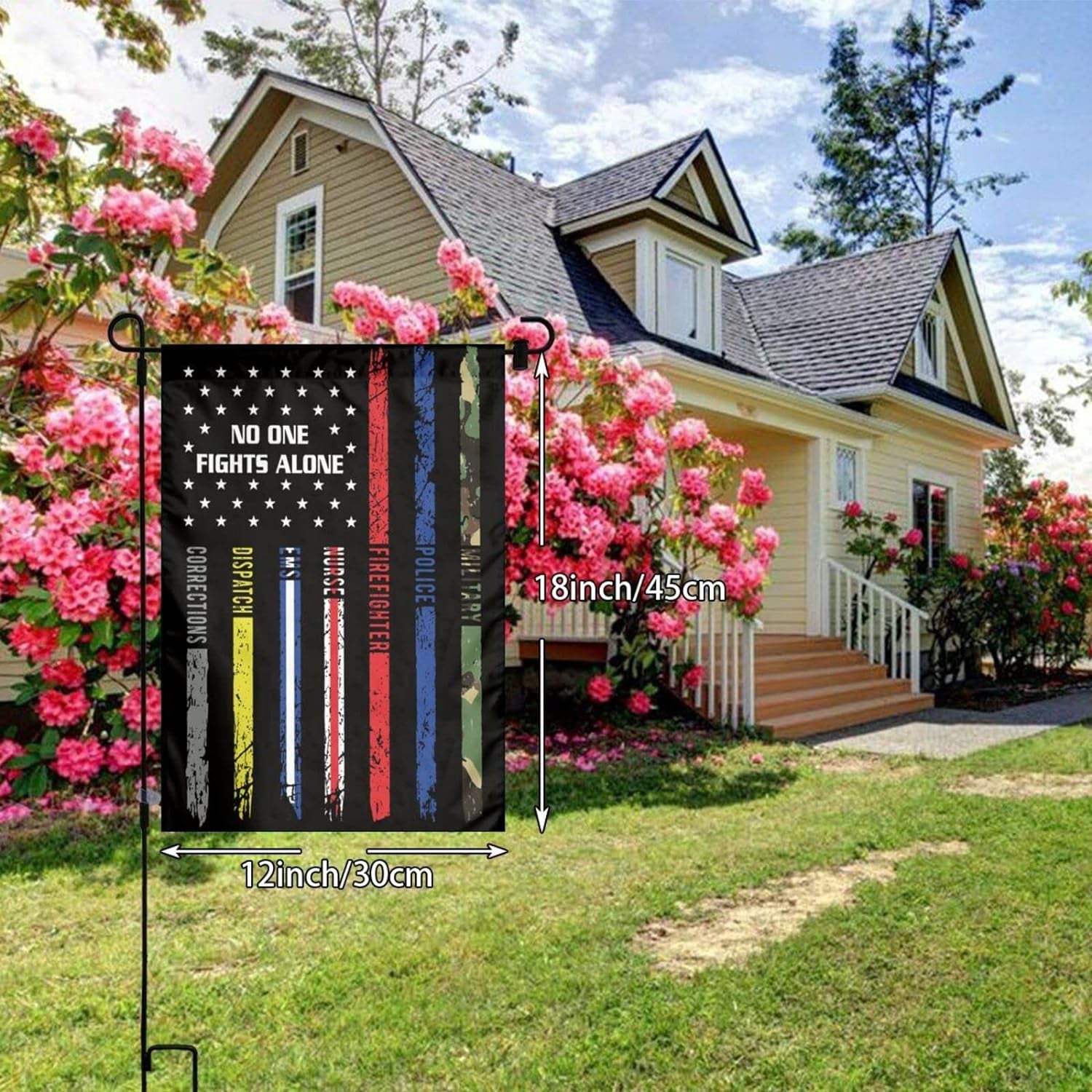 First Responders Hero Flag Nurse E-M-S Police Fire Military Garden Flag 12X18 Inch No One Fights Alone American Flag Vertical Double Sided Lawn Farm Yard Outdoor