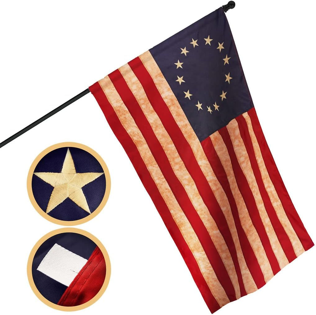 G128 Betsy Ross Tea-Stained Flag | 1X1.5 Ft | Pole Sleeve Embroidered 420D Polyester - Embroidered Stars, Sewn Stripes, Brass Grommets, Indoor/Outdoor, Vibrant Colors, Quality Polyester