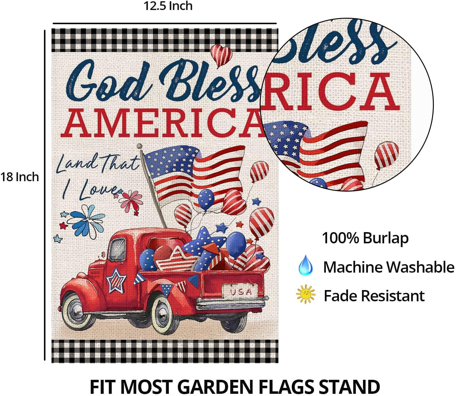 4Th of July Garden Flags for Outside,Patriotic American Truck with Flags Buffalo Plaid Small Yard Flags for Outdoor,Memorial Independence Day Decorations for Farmhouse Holiday Summer 12X18 Inch Double Sided