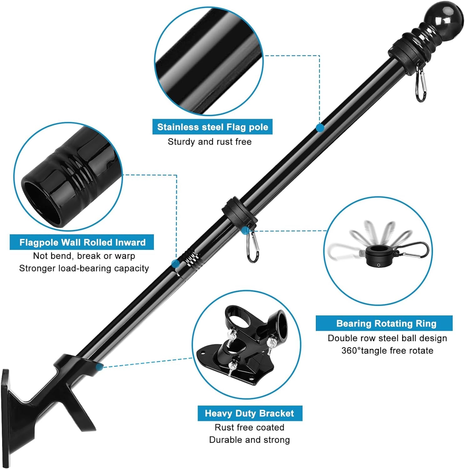Flag Pole Kit, 6 FT Flagpoles for outside House, Heavy Duty Flag Pole Bracket, Tangle Free Flag Pole Ring, Stainless Steel Flagpole, Flag Poles for Outdoor, Porch, 1 in (Black)