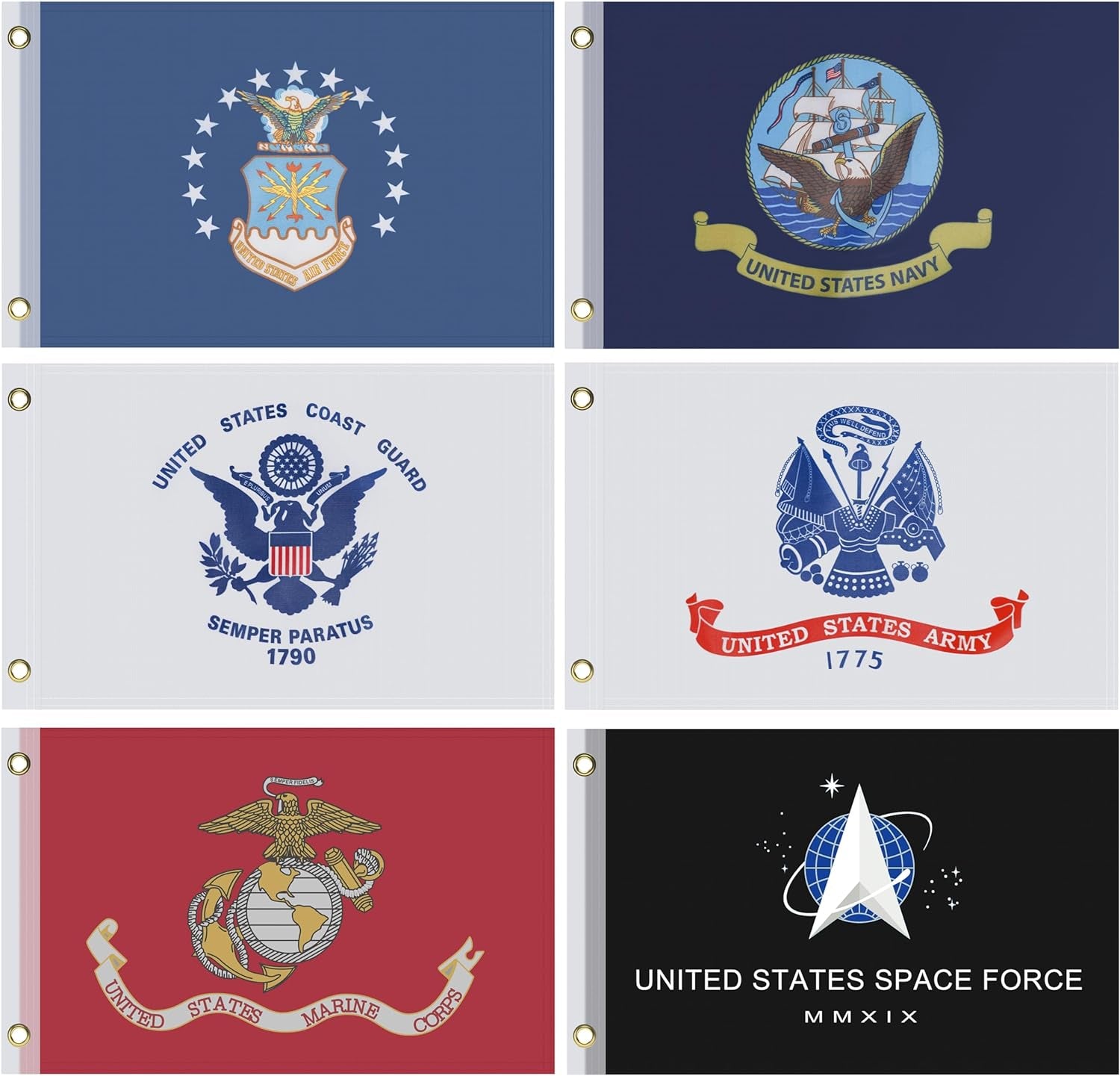 12 * 18 Inch Lot of 6 Branches Military Set Polyester Flags Space Force, Air Force, US Navy, Coast Guard, Marines, Army Banner (12 * 18 Inch)