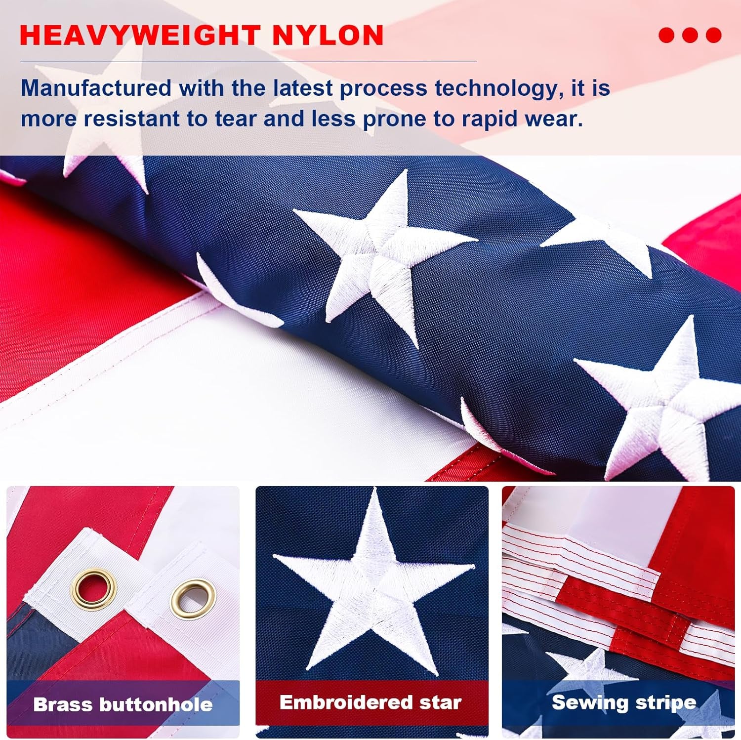 American Flag 10X15 Outdoor - USA Nylon US Flags with Embroidered Stars, Stitched Stripes and Brass Grommets