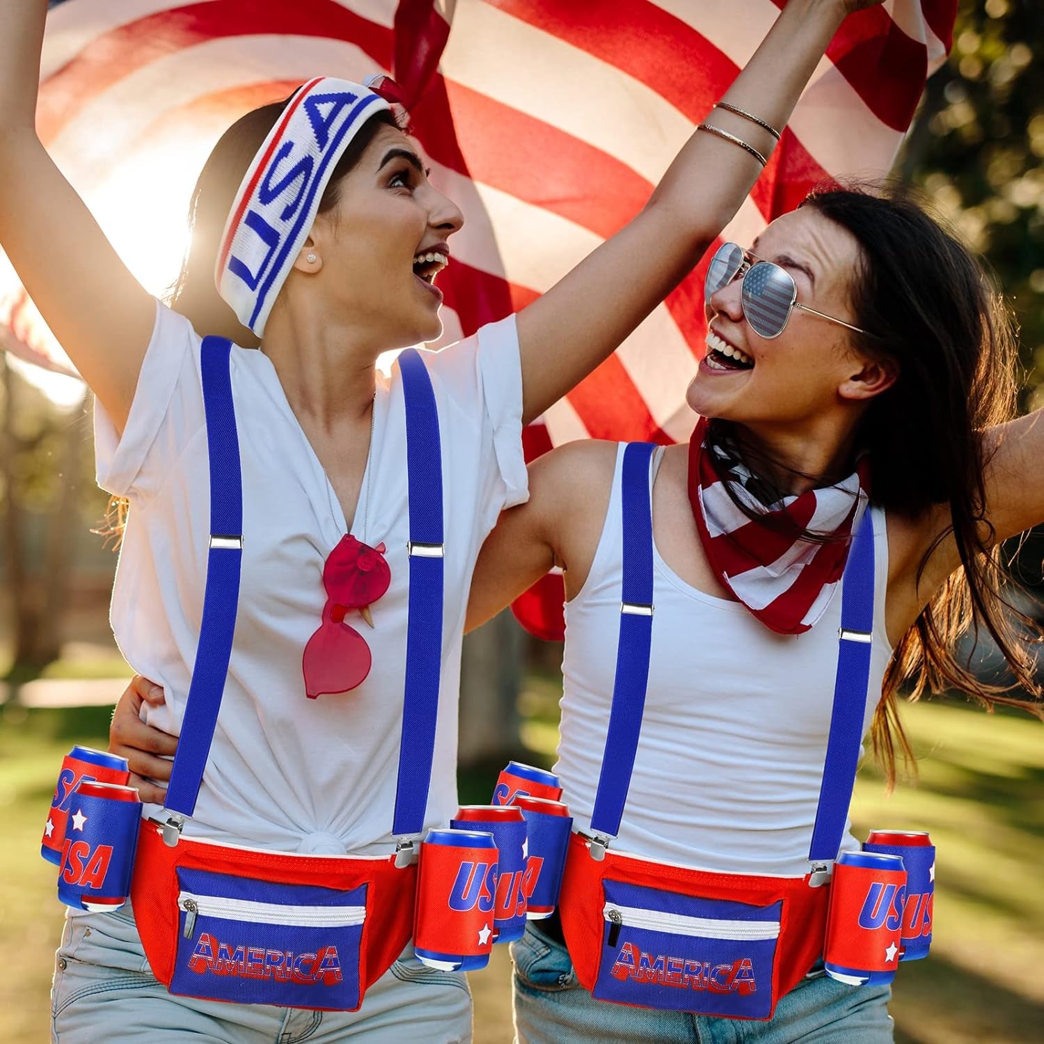 America Flag USA 4Th of July Fanny Pack Patriotic Beverage Beer Belt Costume Set Outfit Accessories with Drink Holder Sunglasses Striped Sweatband