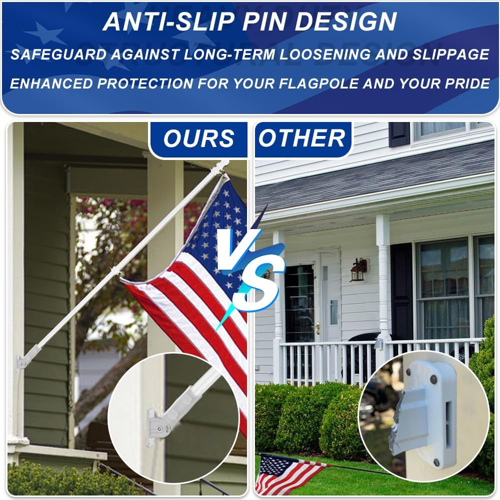 Flag Pole for Kit, 5FT White Tangle Free Porch Metal Aluminum Flagpole with Upgraded Bracket for 3X5 American Flag, White Adjustable Outdoor Flag Poles for Porch, Outside, Truck,Yard, Garden