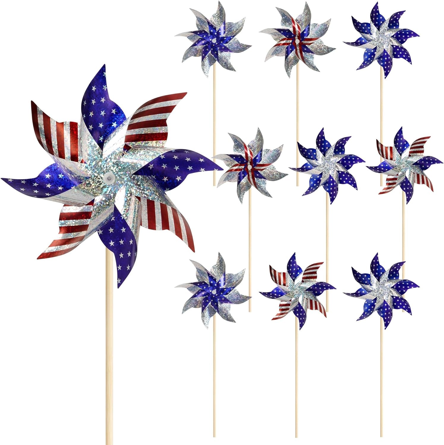 HOOSUN 4Th of July Decorations Reflective Pinwheels,10 Pack Patriotic Decor Red White and Blue Windmills, Wind Spinners for Yard and Garden,Independence Day,Kids,Bird Scare Devices Outdoor