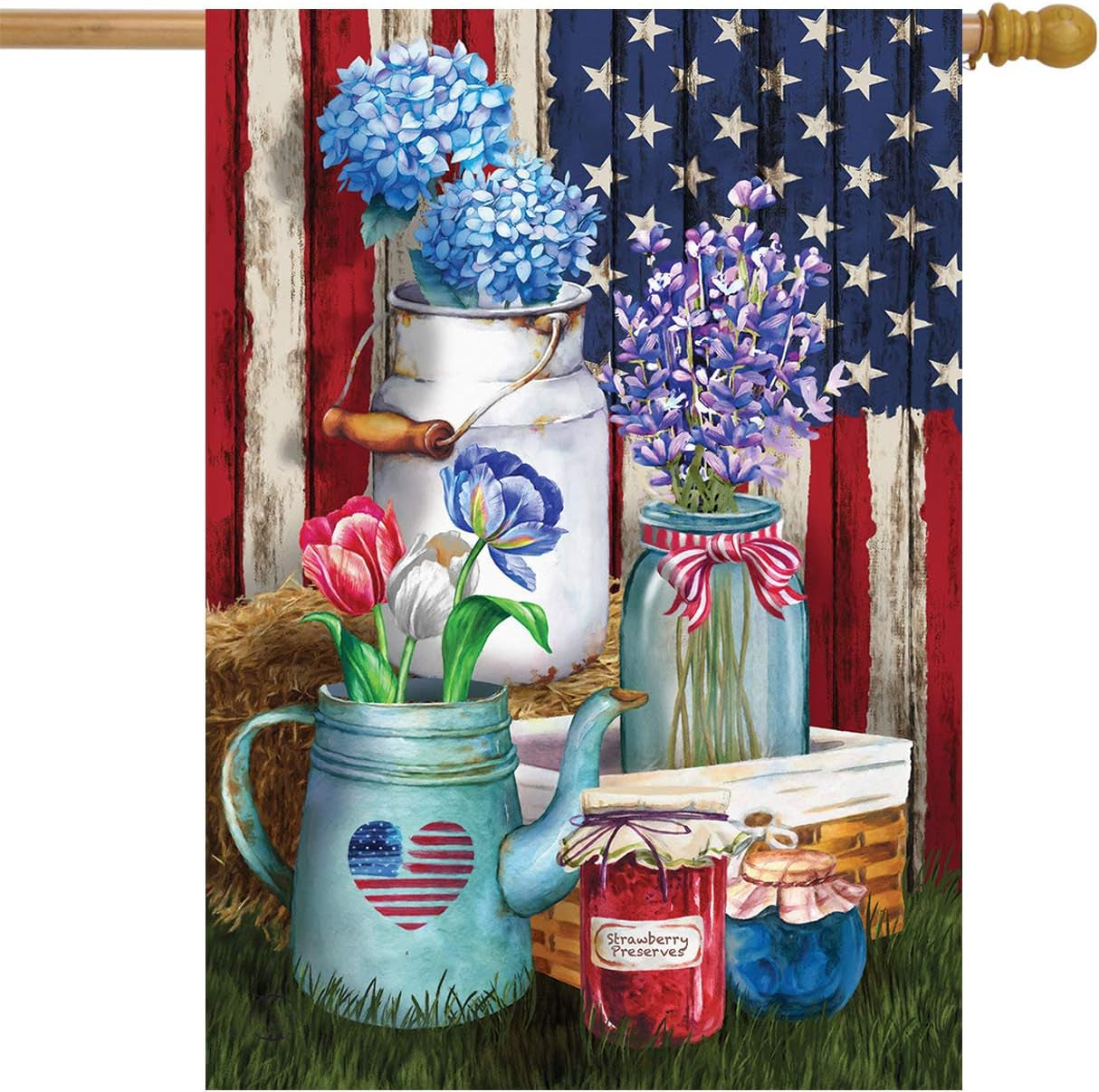 American Picnic Rustic House Flag Patriotic Floral 28" X 40" Briarwood Lane