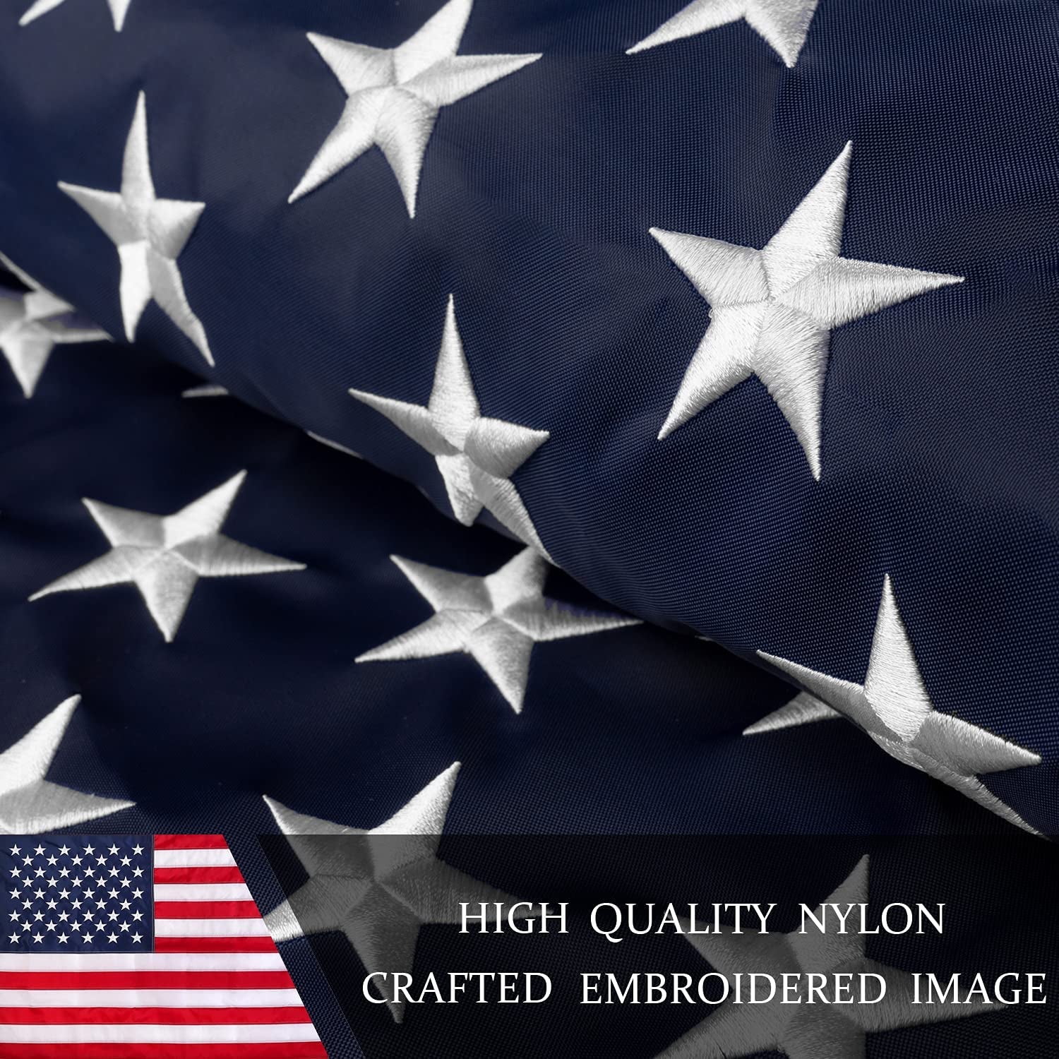 This 10X15 Ft American Flag for Outside, 100% in USA Strongest, Longest Lasting, Heavy Duty Nylon, Embroidered Stars, Sewn Stripes, Brass Grommets Perfect for Outdoors! Premium US Flag