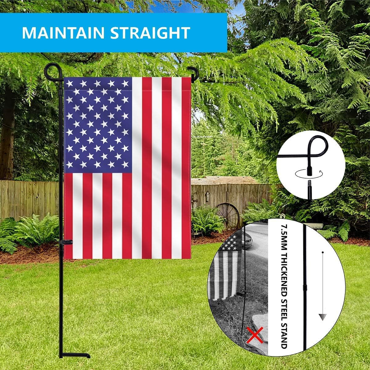 PHITRIC Garden Flag Holder Stand, Premium Powder-Coated Yard Flag Pole, Weather-Proof Black Metal Flagpole with Clip and Stopper for Winter Christmas Garden Flag, USA Flag, Outdoor Decor Decoration
