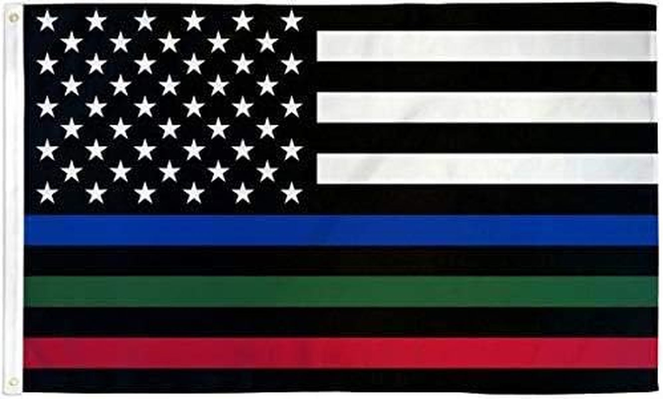 Thin Blue Green Red Line USA Flag 3X5 Ft - Outdoor Heavy Duty Nylon Flag for High Winds, Support the Police Law Enforcement Firefighters Flag - Black White American Flag - House Room Roof Garden Flag