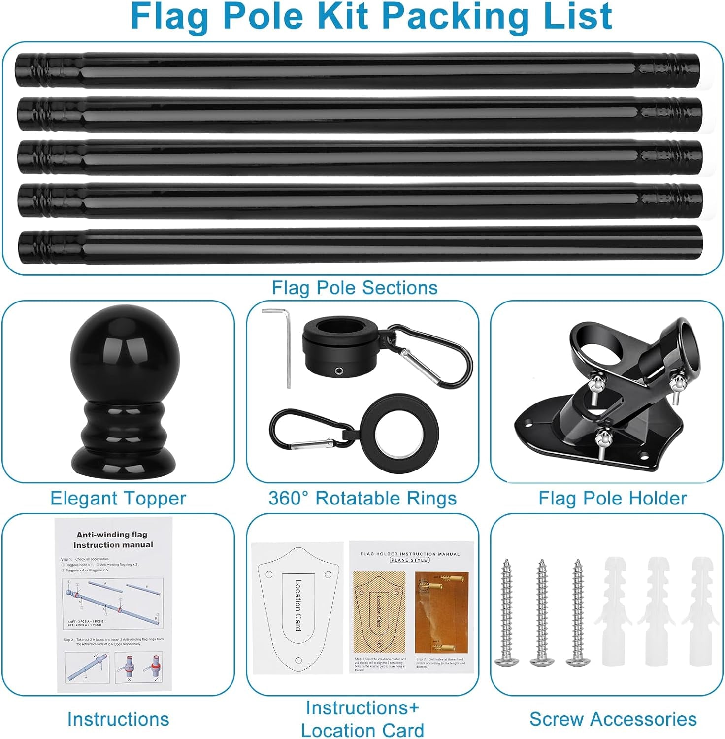 Flag Pole Kit, 6 FT Flagpoles for outside House, Heavy Duty Flag Pole Bracket, Tangle Free Flag Pole Ring, Stainless Steel Flagpole, Flag Poles for Outdoor, Porch, 1 in (Black)