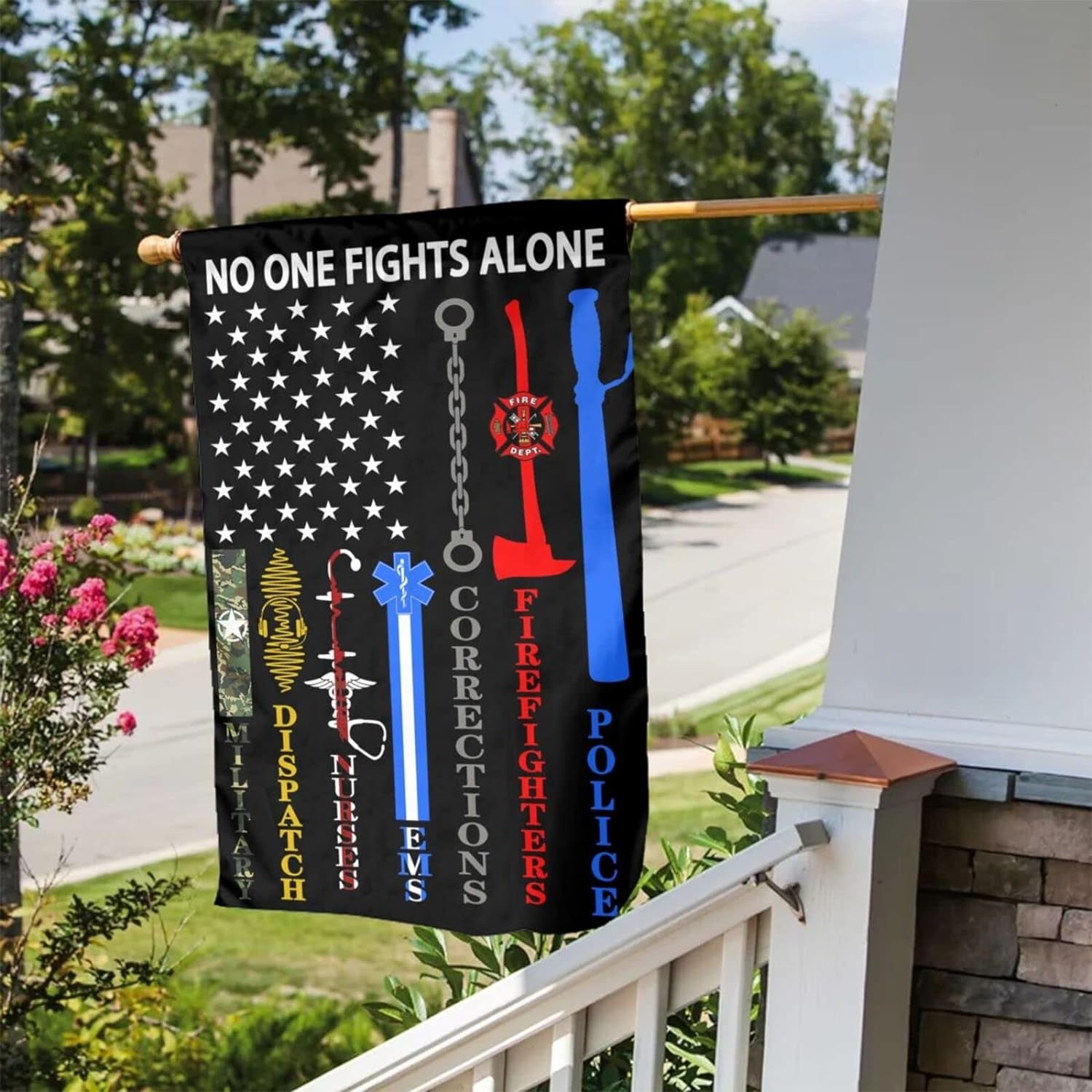 No One Fights Alone Multi Thin Line First Responders Double Sided Vertical Garden Flag 12 X 18 Inch Indoors Outdoors Perfect Decoration