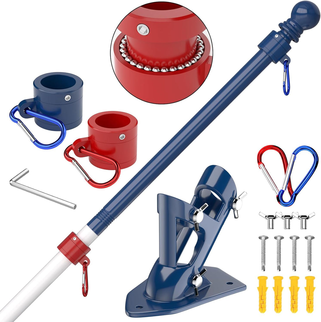 ZMTECH Flag Pole - Upgraded Bracket, 6 FT Stainless Steel Flag Poles for outside House, Residential or Commerical, Tangle Free Flag Pole Kit for American Flag (Without Flag, Blue&Red)