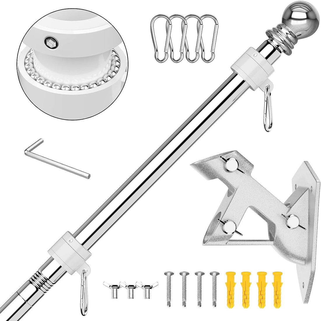 Flag Pole - Tangle Free Flagpole with Upgraded Bracket, 6 FT Stainless Steel Flag Poles for outside House, Residential or Commerical - Flag Pole Kit for Proud American Flag (Without Flag, Silver)