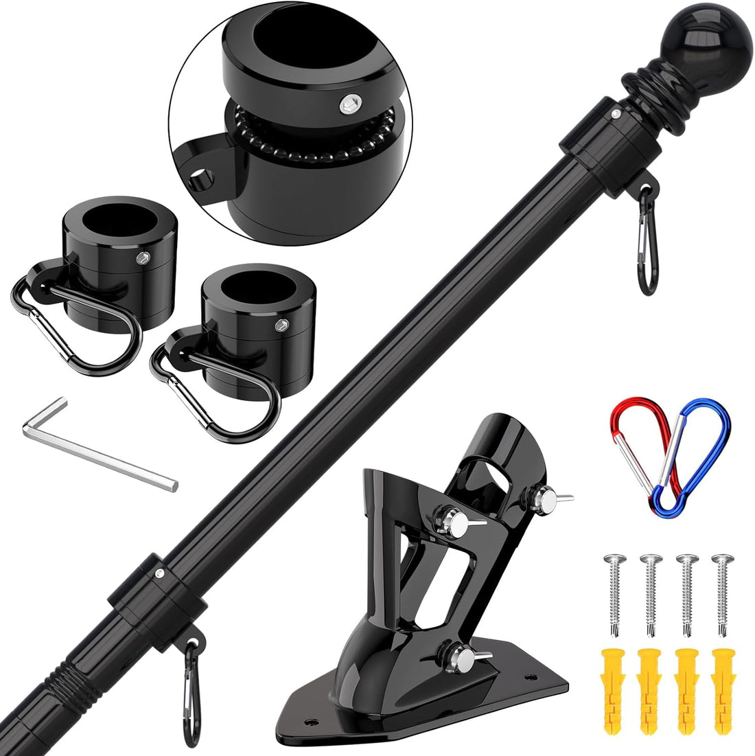ZMTECH Flag Pole - Upgraded Bracket, 6 FT Stainless Steel Flag Poles for outside House, Residential or Commerical, Tangle Free Flag Pole Kit for American Flag (Without Flag, Black)