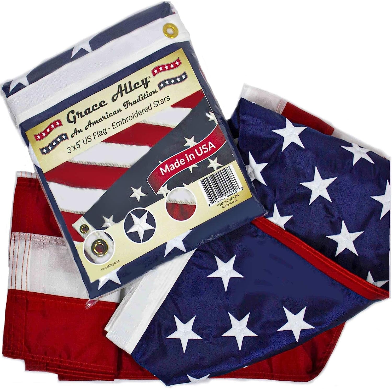 Grace Alley American Flag: 3X5 FT US Flag - 100% Made in USA. Embroidered Stars, Sewn Stripes and Brass Grommets. Fade Resistant, Heavy Duty, Long Lasting Nylon for Outdoor Durability.