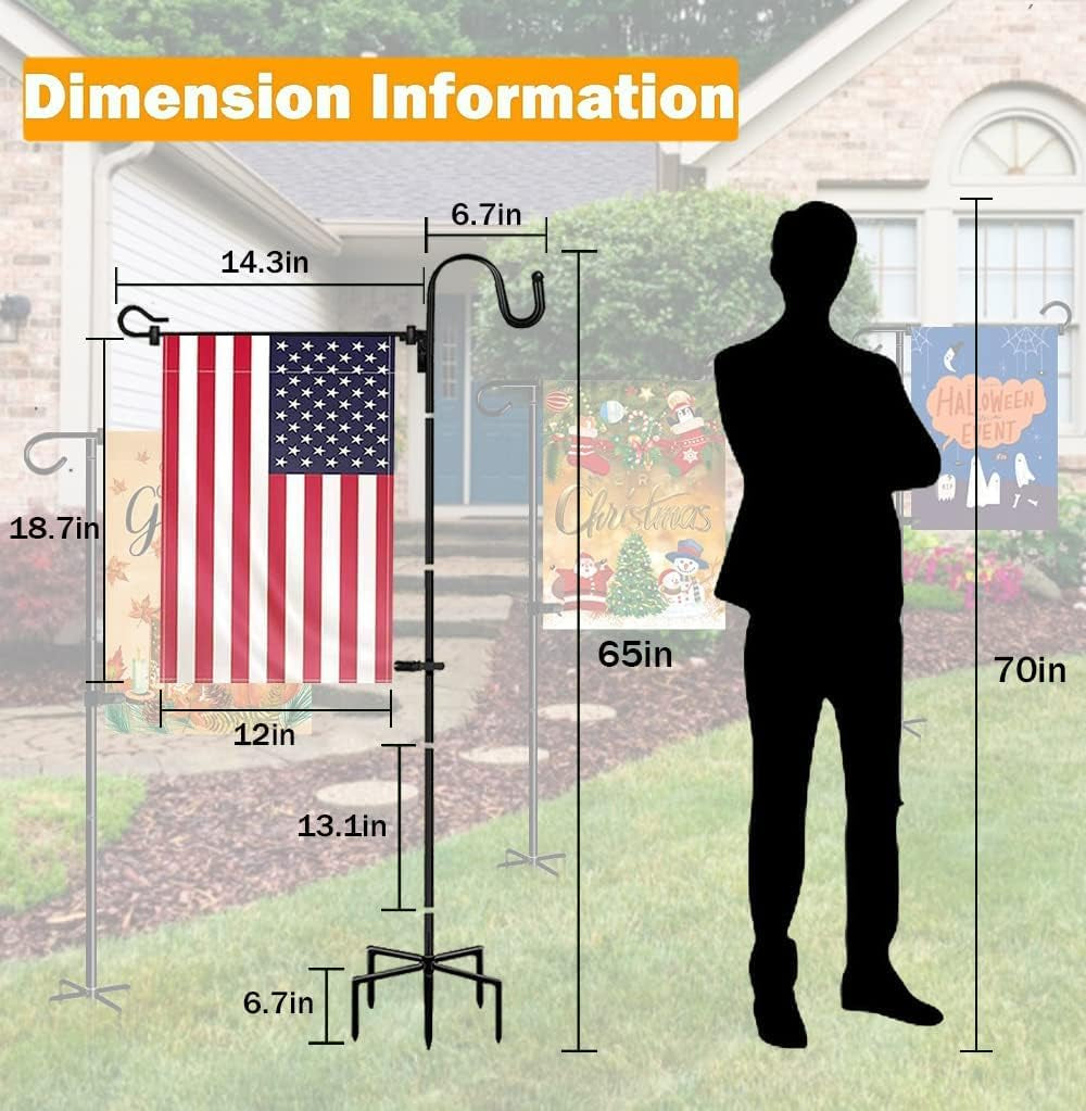 Garden Flag Stand Adjustable Heavy Duty Flag Pole Holder with American Flag 65Inch Shepherds Hook for Hanging Flag Bird Feeder Solar Lights Plant Hanger Etc Outdoor Garden Yard Flag Pole Kit (1 PCS)