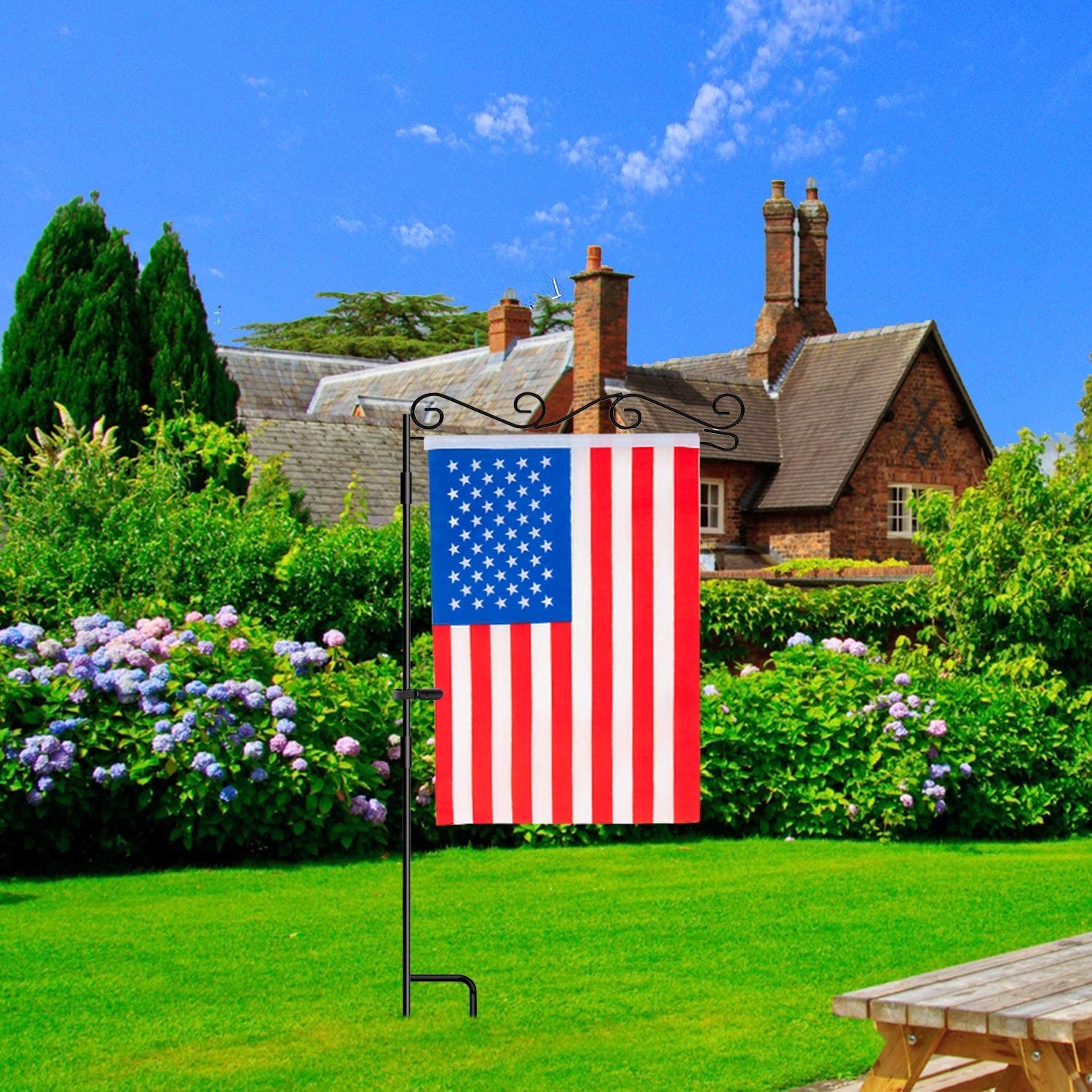 HOOSUN Garden Flag Stand, Premium Garden Flag Pole Holder Black Metal Powder-Coated Weather-Proof Paint, 37.8"H X 15.5"W for Outdoor Garden Lawn without Flag