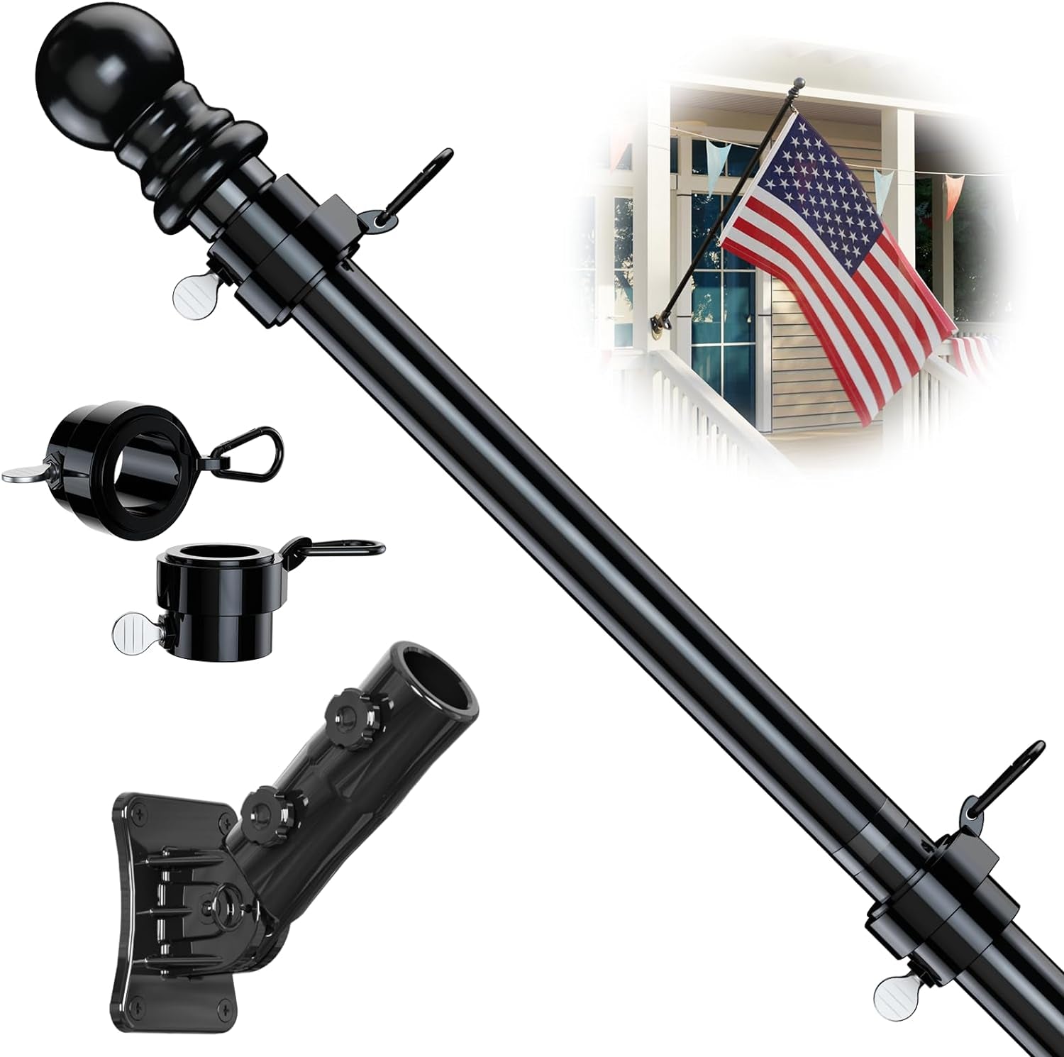 Flag Pole for Kit, 6FT Black Tangle Free Porch Metal Aluminum Flagpole with Upgraded Bracket for 3X5 American Flag, Black Adjustable Outdoor Flag Poles for Porch, Outside, Truck,Yard,Garden