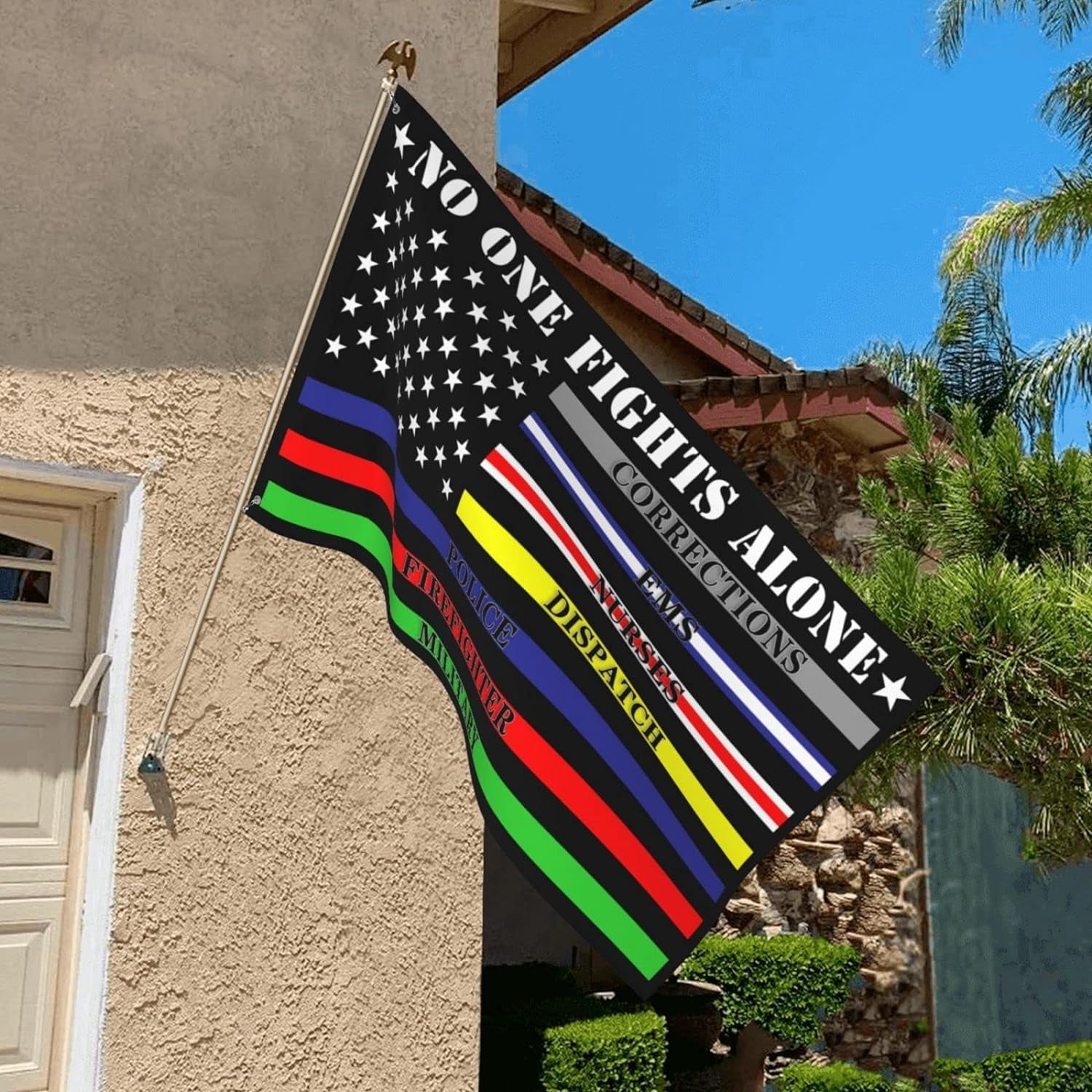 No One Fights Alone Multi Thin Line First Responders Double Sided Vertical Garden Flag 12 X 18 Inch Indoors Outdoors Perfect Decoration