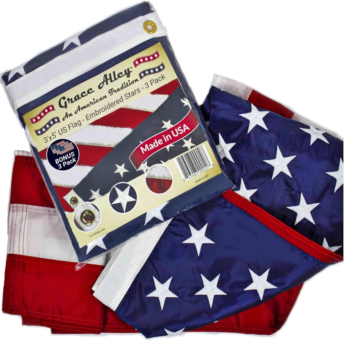 American Flags 3X5 Outdoor 3 PACK by Grace Alley, Embroidered Stars and Sewn Stripes and Fade Resistant - Long Lasting Nylon & Brass Grommets for High Wind Durability, 100% Made in USA