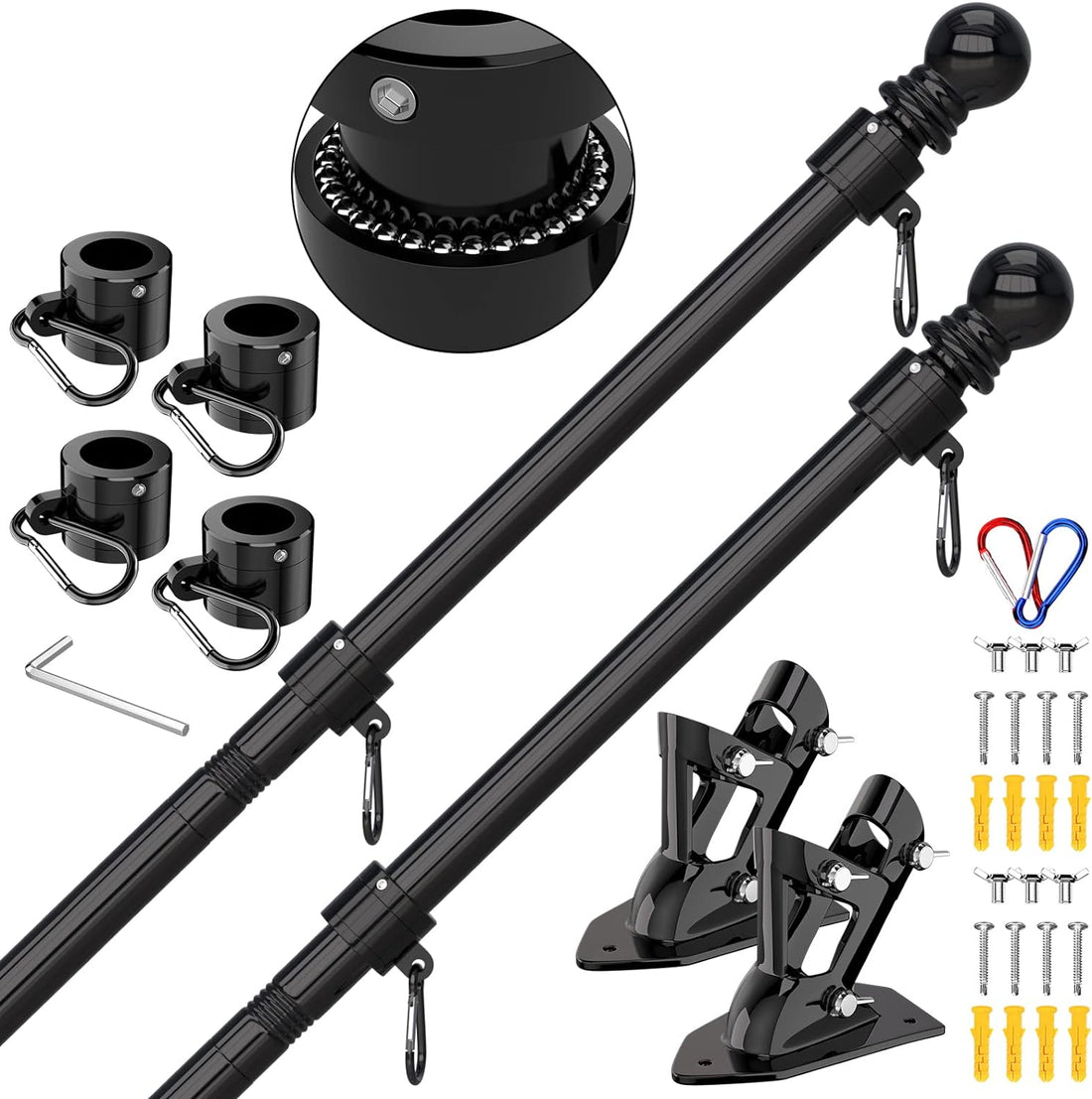 ZMTECH Flag Pole - Upgraded Bracket, (2 Packs) 6 FT Stainless Steel Flag Poles for outside House, Residential or Commerical, Tangle Free Flag Pole Kit for American Flag (Without Flag, Black)