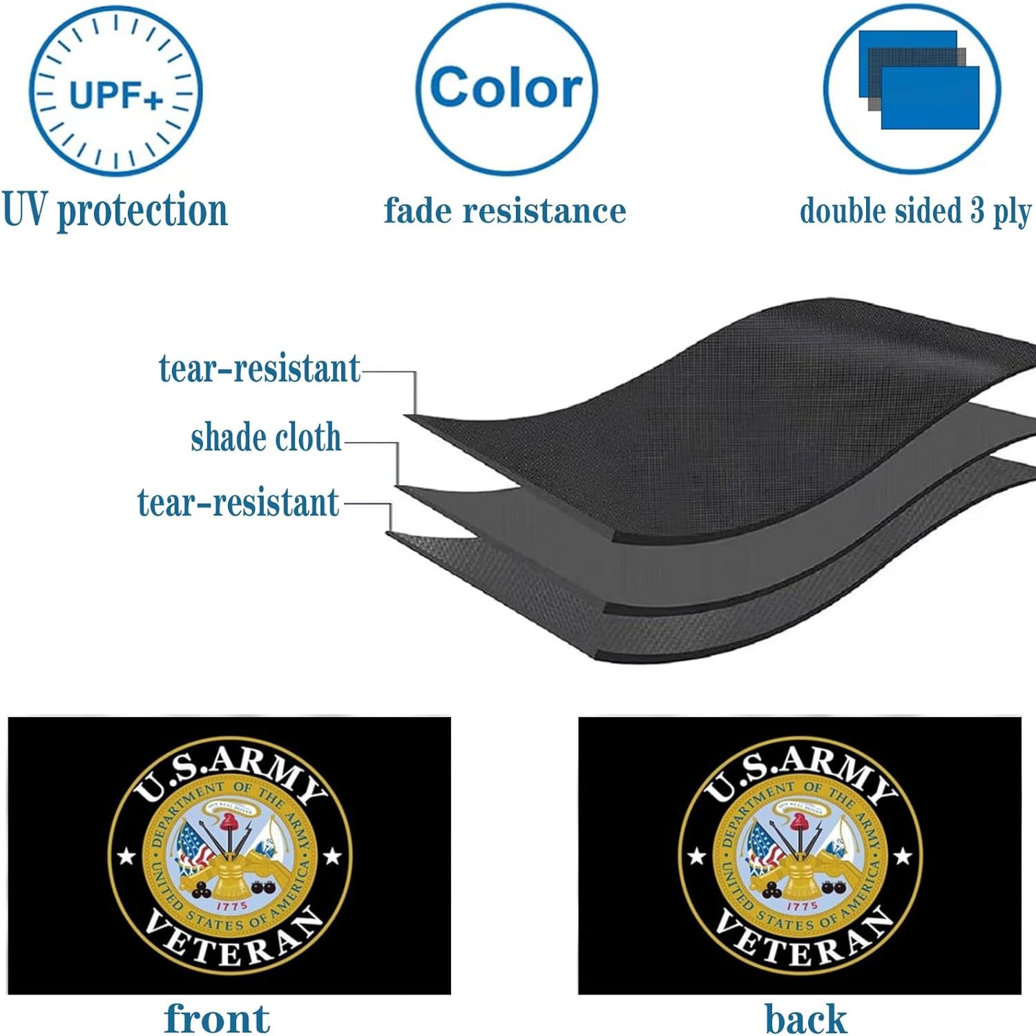 Army Veteran Emblem Flags 3X5 Outdoor Made in Usa-Double Sided 3 Ply Heavy Duty US Army Veteran Gold Crest Military Flags Banner for outside with 2 Brass Grommets UV Protection Fade Resistant For