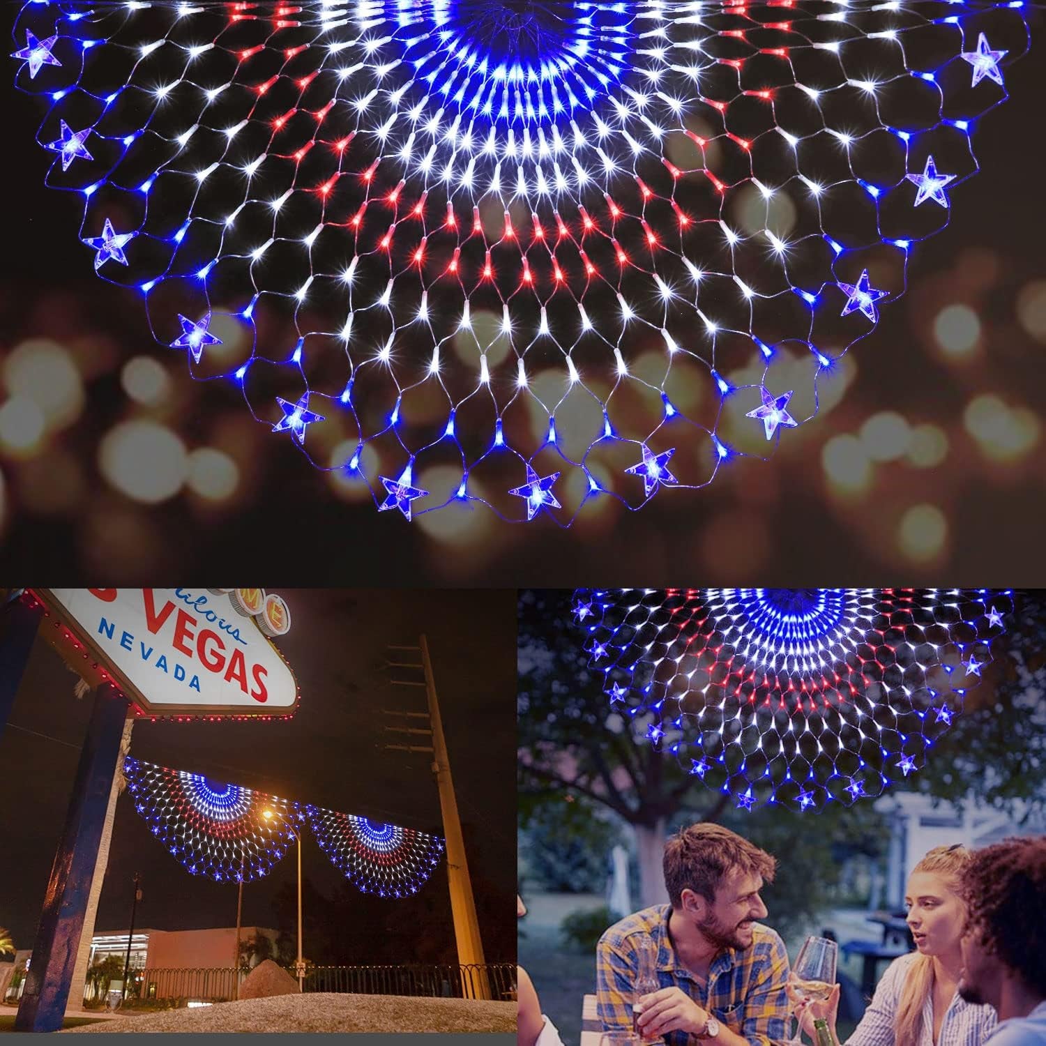 PUHONG July 4Th American Flag Lights,250 LED USA Half Fan Flag String Lights,Outdoor Waterproof Patriotic Ornaments for 4Th of July, Patriot Day, Independence Day