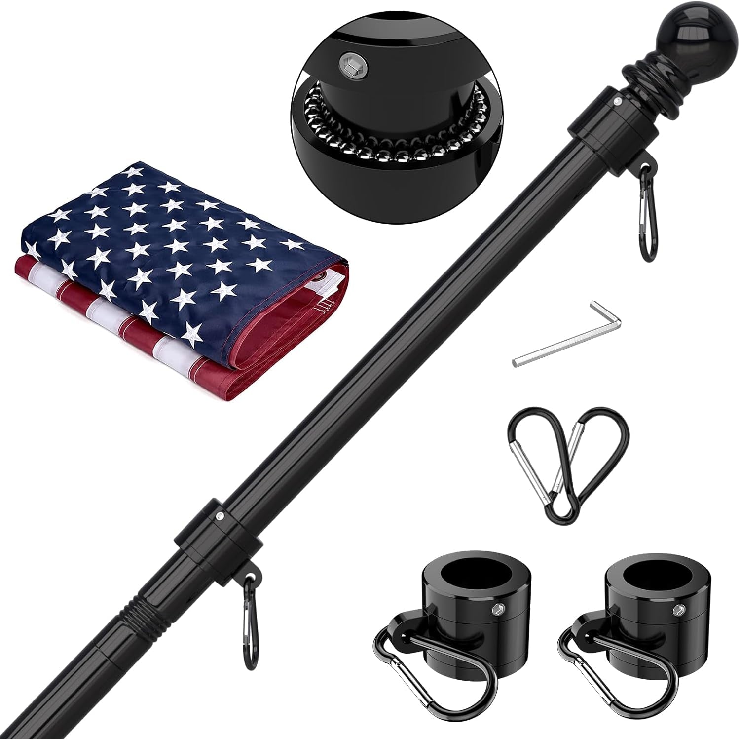 American Flag with Pole - Tangle Free Flagpole Residential or Commerical Kit with Stainless Steel Flag Poles,3X5 Embroidered US Flag for outside House,Porch,Garden,Yard(6 FT, Black)