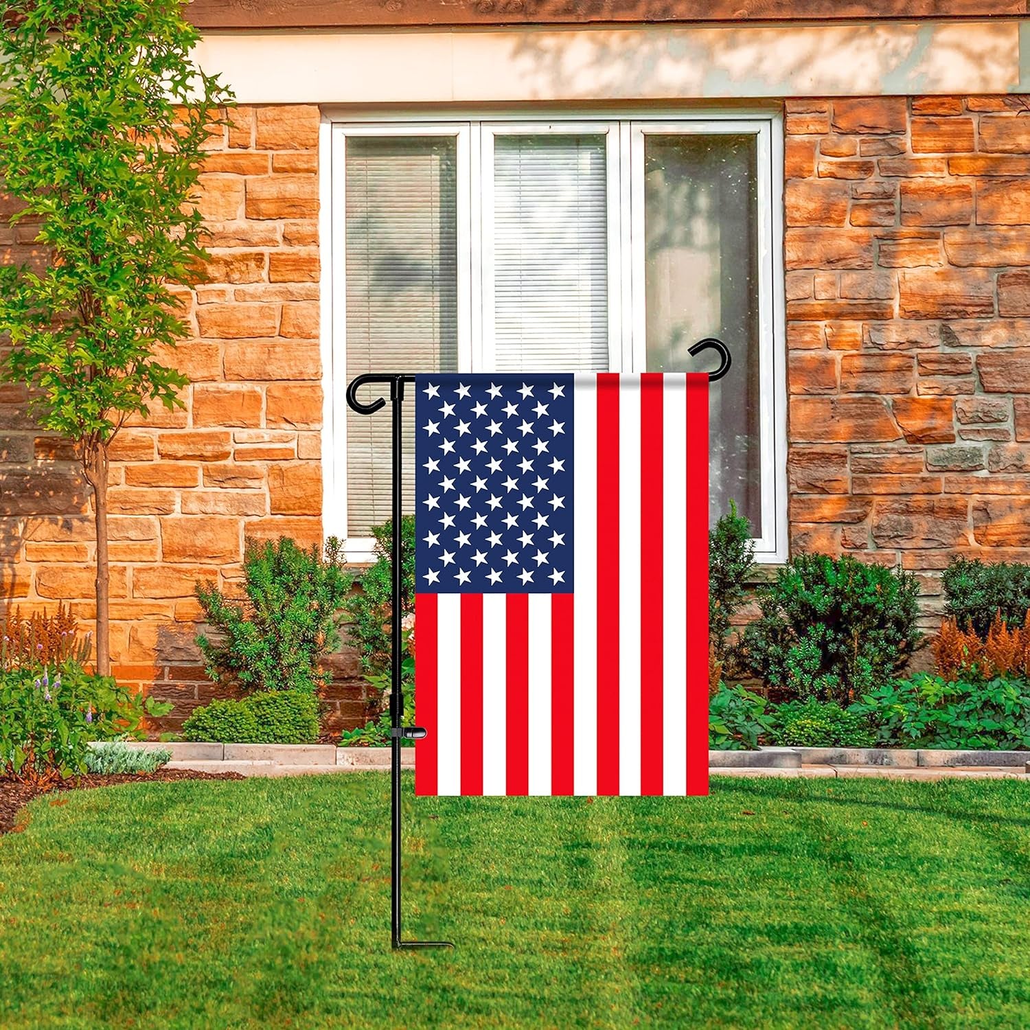 HOOSUN Garden Flag Stand Holder Pole Easy to Install Strong Sturdy Wrought Iron Fits 12.5" X 18" Mini Flag with 1 Tiger Clip Curved Hook with S Type (3 Pack)