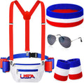 USA America Flag Fanny Pack 4Th of July Patriotic Beverage Beer Belt Costume Set Outfit Accessories with Drink Holder Sunglasses Striped Sweatband Men Women