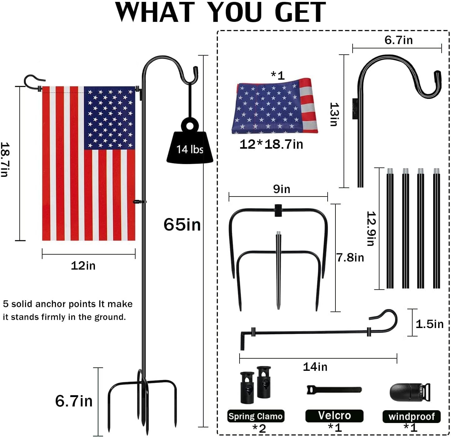 Garden Flag Stand Adjustable Heavy Duty Flag Pole Holder with American Flag 65Inch Shepherds Hook for Hanging Flag Bird Feeder Solar Lights Plant Hanger Etc Outdoor Garden Yard Flag Pole Kit (1 PCS)