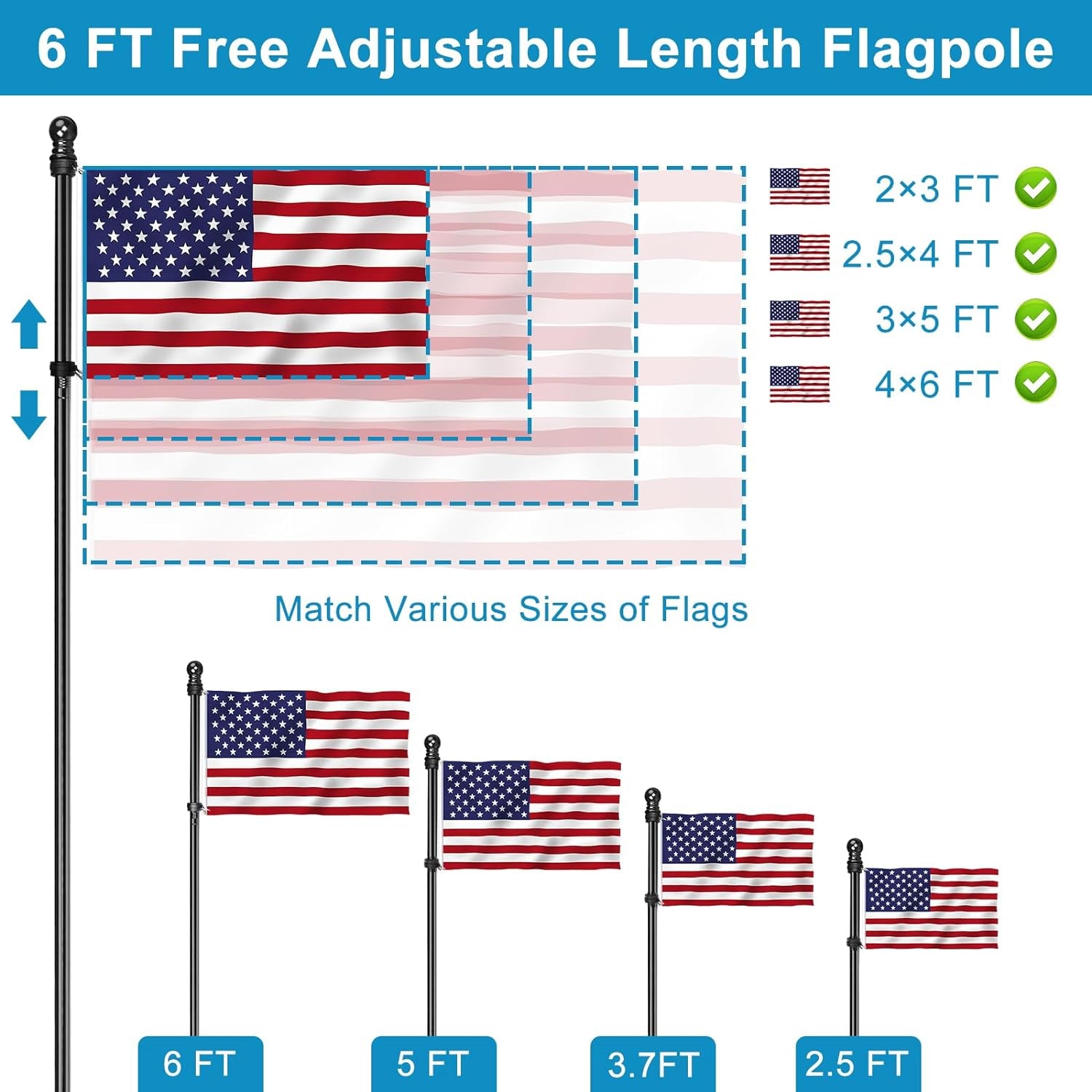 Flag Pole Kit, 6 FT Flagpoles for outside House, Heavy Duty Flag Pole Bracket, Tangle Free Flag Pole Ring, Stainless Steel Flagpole, Flag Poles for Outdoor, Porch, 1 in (Black)