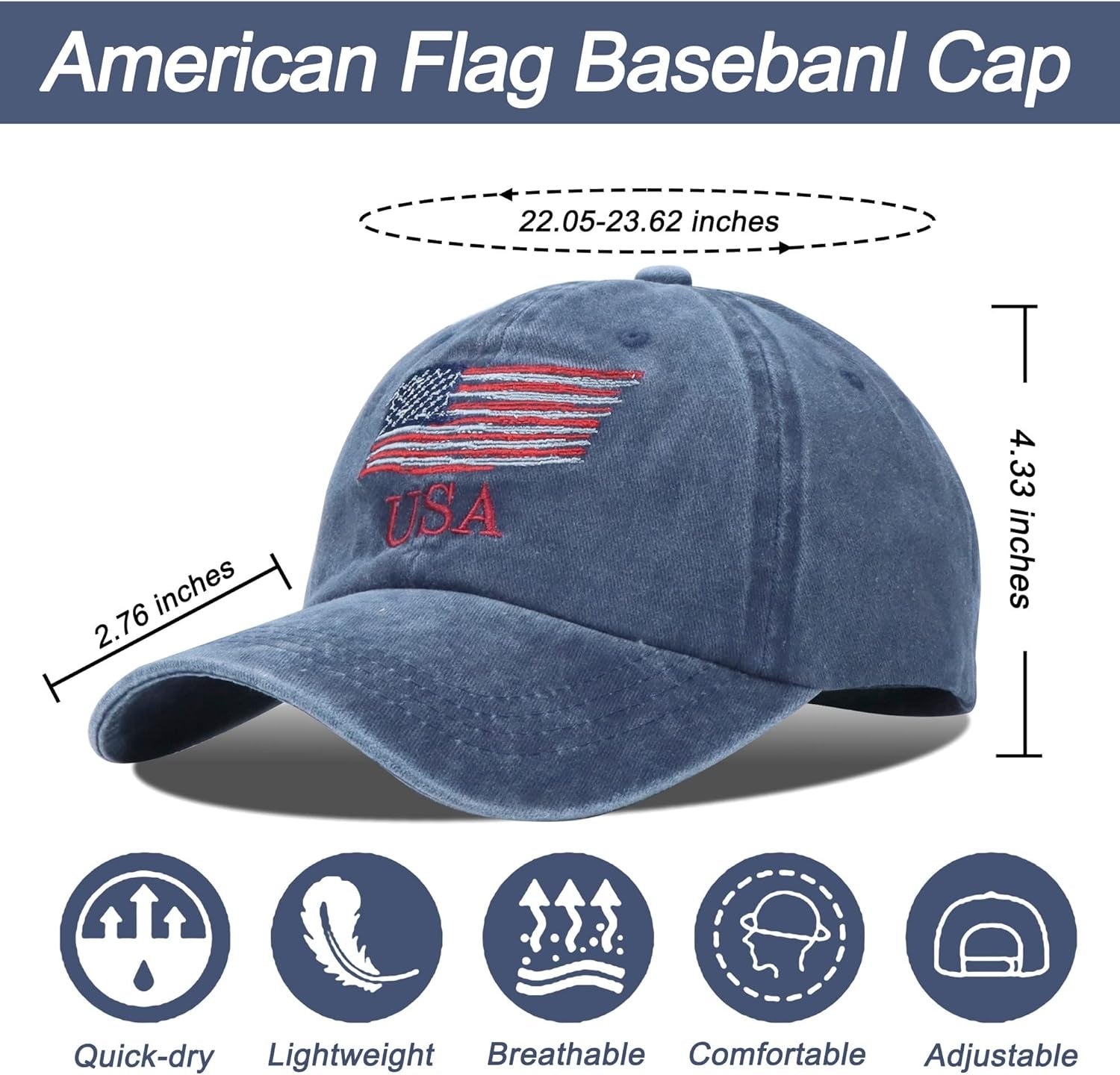 American Flag Hat, Vintage Distressed Cotton Dad Hat Baseball Cap USA Adjustable Patriotic Hat for Men Women