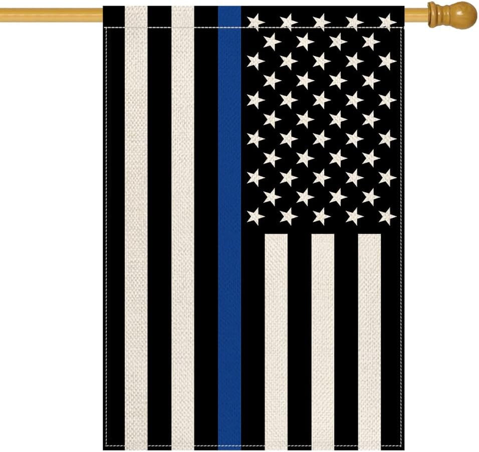 AVOIN Colorlife Thin Blue Line House Flag 28X40 Inch Double Sided, American Stars and Stripes Police Officers Solidarity Yard Outdoor Decoration