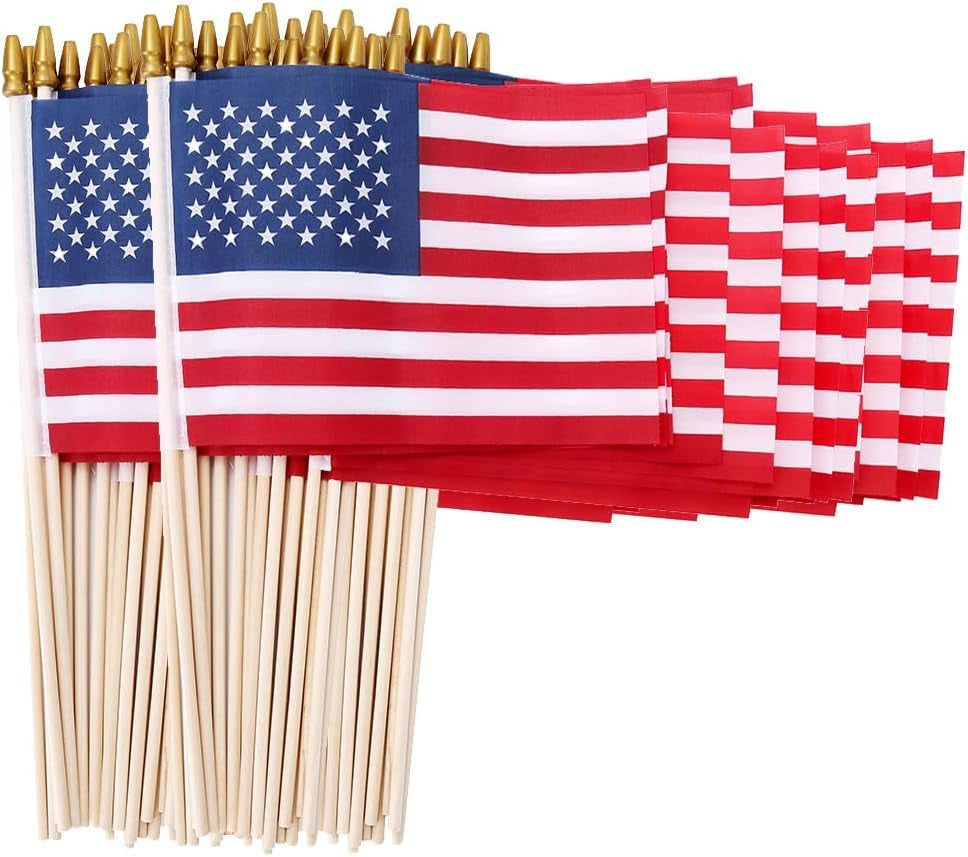 100 Pack 8X12 Inch American Flags on Stick, USA Wood Stick Flags with Kid-Safe Spear Top, American Flags for Outside, Veterans Day Decorations, Memorial Day Decorations, 4Th of July Decorations