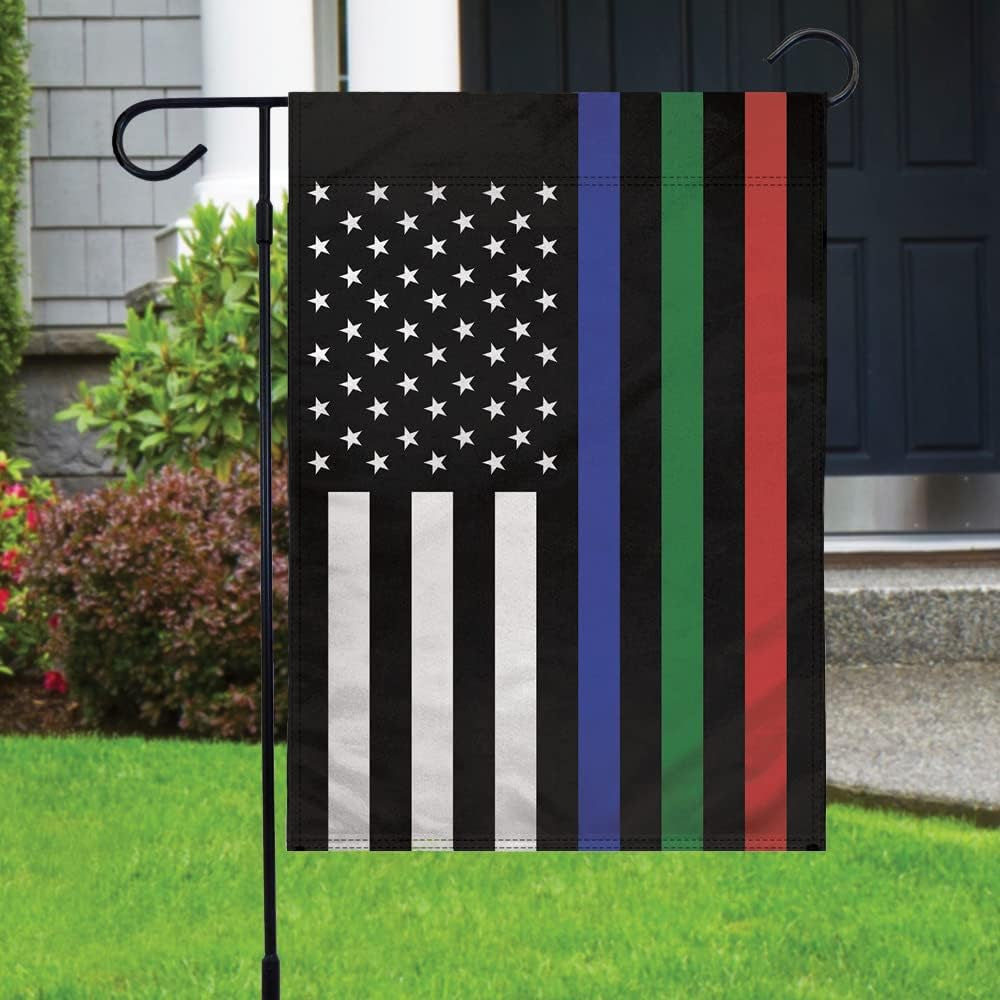 Thin Blue Red Green Line USA Garden Flag - 12X18 Double Sided Garden Flag for Porch, Yard, Garden, Home, Holiday Decor