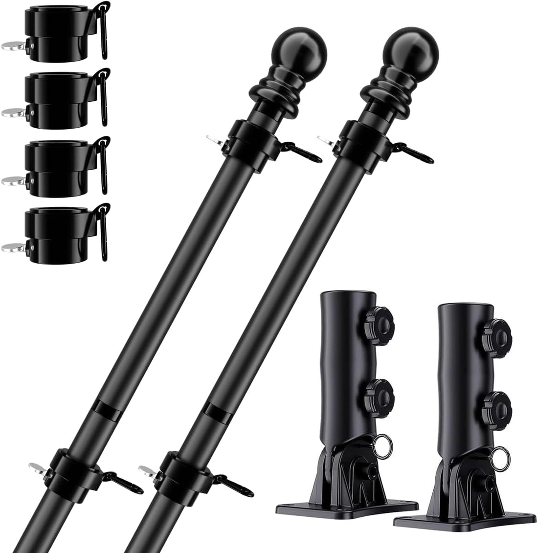 Flag Pole for Kit (2 Packs), 6FT Black Tangle Free Porch Metal Aluminum Flagpole with Upgraded Bracket for 3X5 American Flag, Black Adjustable Outdoor Flag Poles for Porch, Outside, Truck,Garden