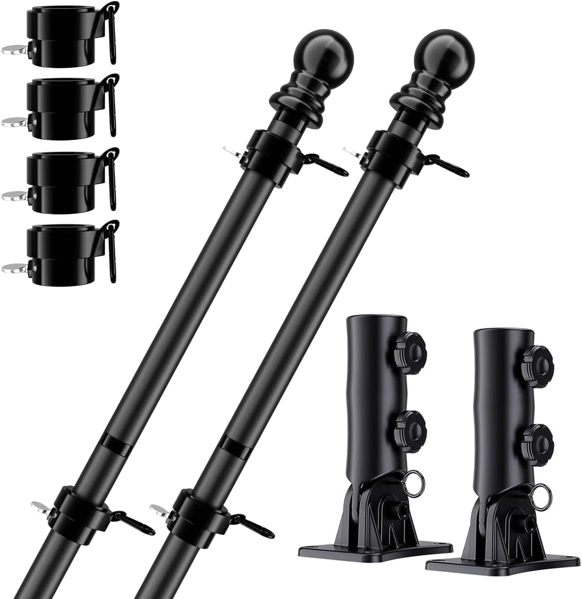 Flag Pole for Kit (2 Packs), 6FT Black Tangle Free Porch Metal Aluminum Flagpole with Upgraded Bracket for 3X5 American Flag, Black Adjustable Outdoor Flag Poles for Porch, Outside, Truck,Garden