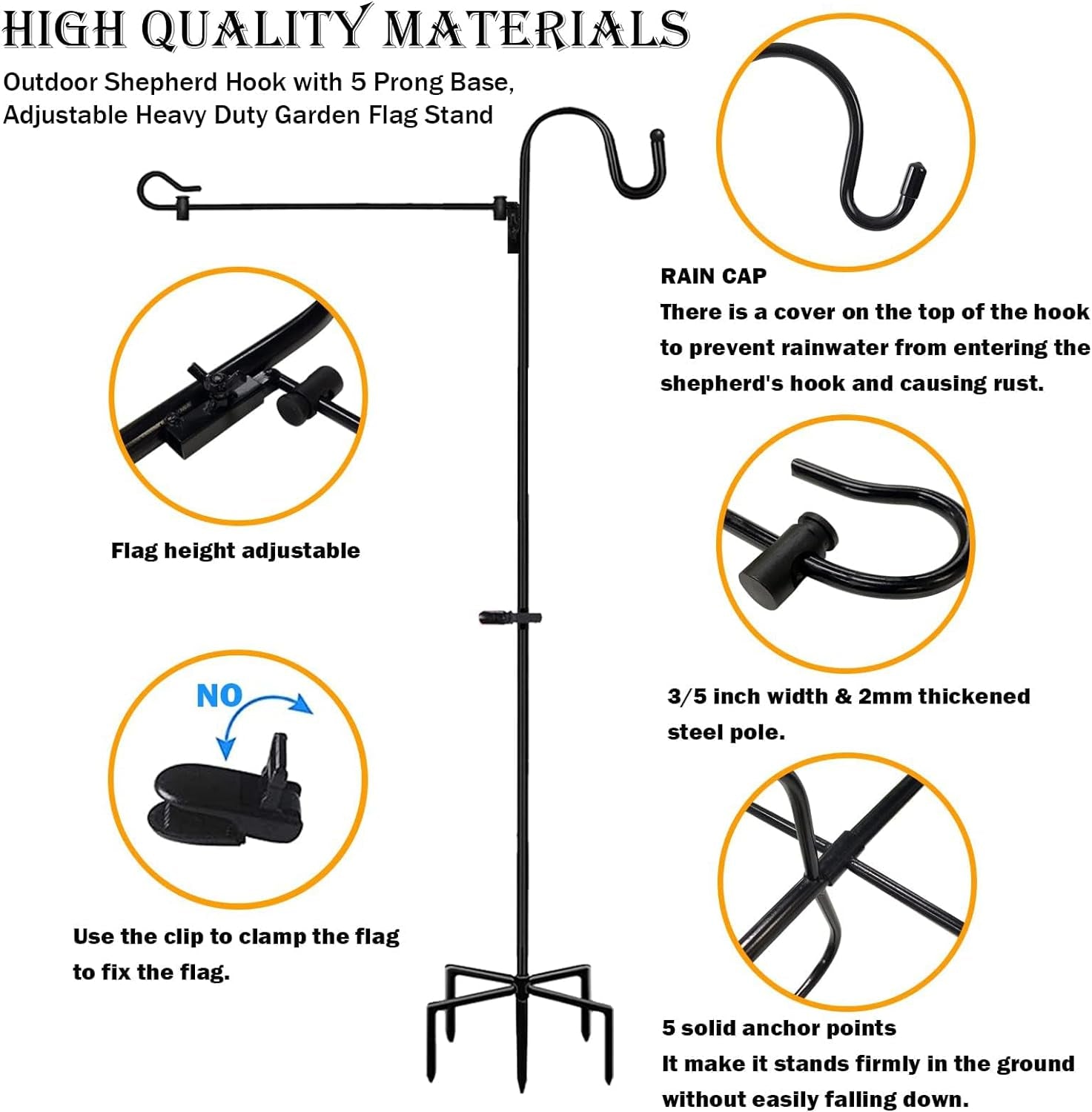 Garden Flag Stand Adjustable Heavy Duty Flag Pole Holder with American Flag 65Inch Shepherds Hook for Hanging Flag Bird Feeder Solar Lights Plant Hanger Etc Outdoor Garden Yard Flag Pole Kit (1 PCS)